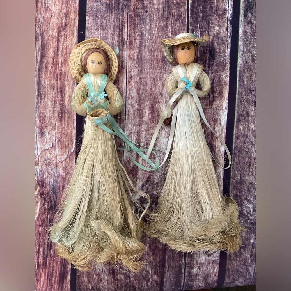 TWO 12” VINTAGE HANDMADE WOOD AND HUSK DOLLS